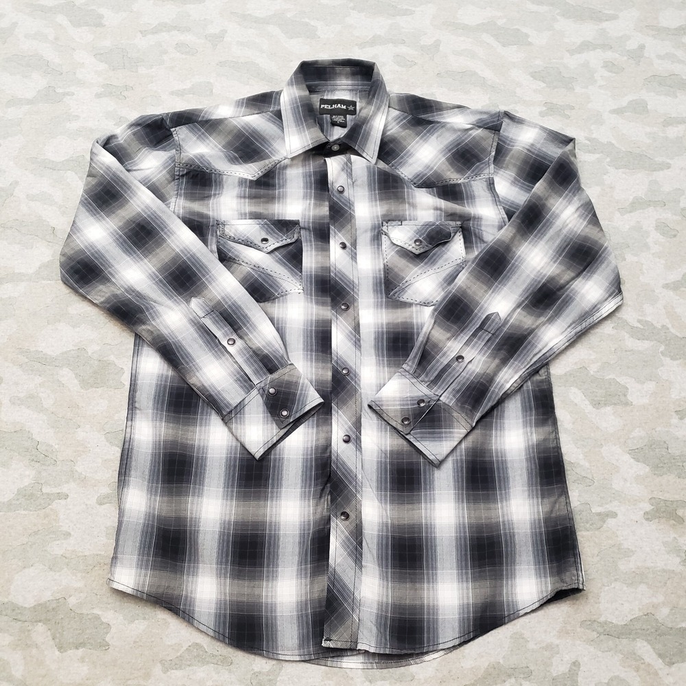 Pelham Shirt Mens Large Gray Pockets Pearl Snap Long Sleeve Westen Wear Rodeo